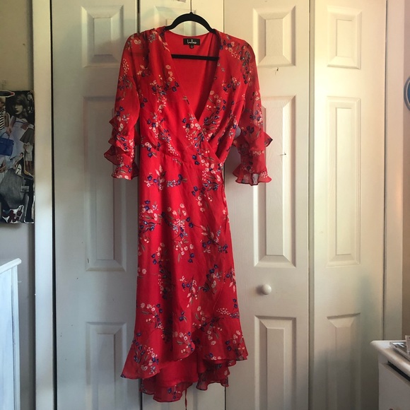 Red floral Wrap Midi Dress - Picture 2 of 7